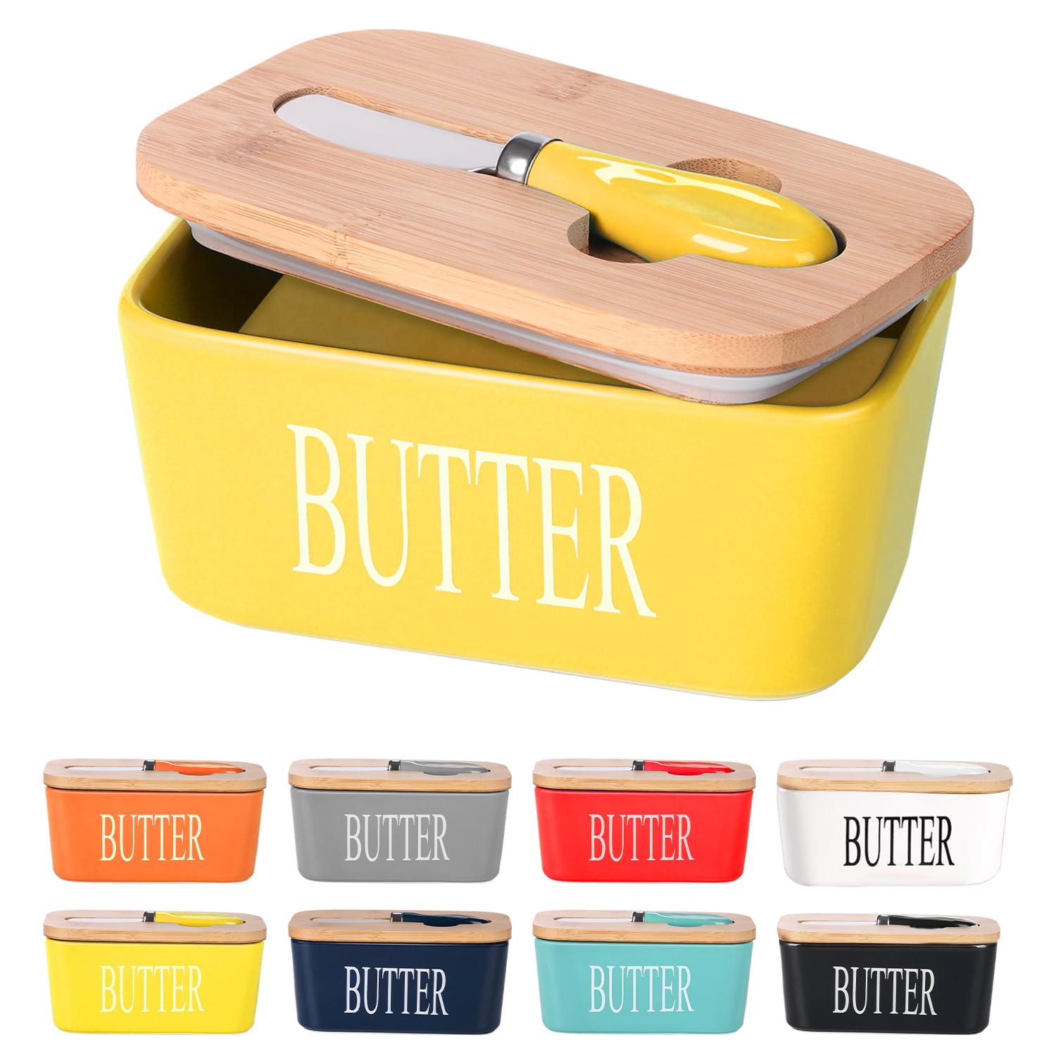 Ceramic Butter Dish with Wooden Lid, Large Butters Container Keeper Storage with Stainless Steel Knife Spreader,
